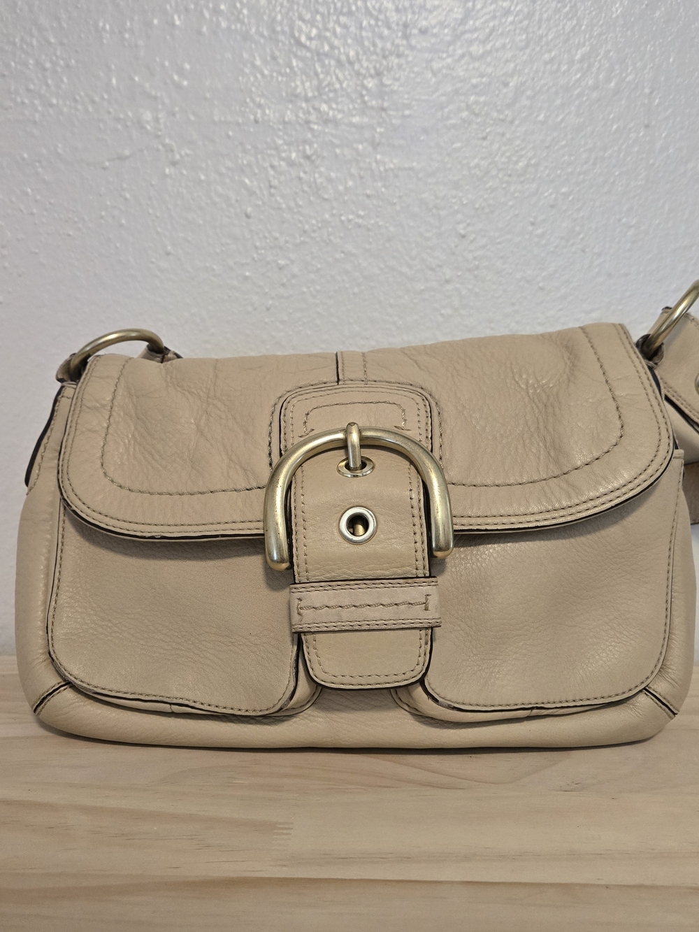 Coach Soho Buckle Double Pocket Shoulder Bag Leather Beige